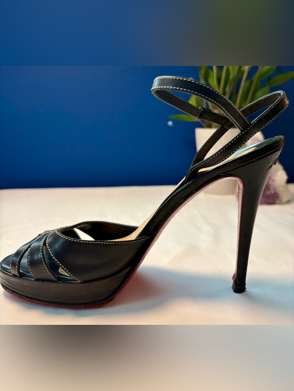 Christian Louboutin Black Leather Contrast-Stitch Platform Sandals, US Size 10 - Picture 6 of 16